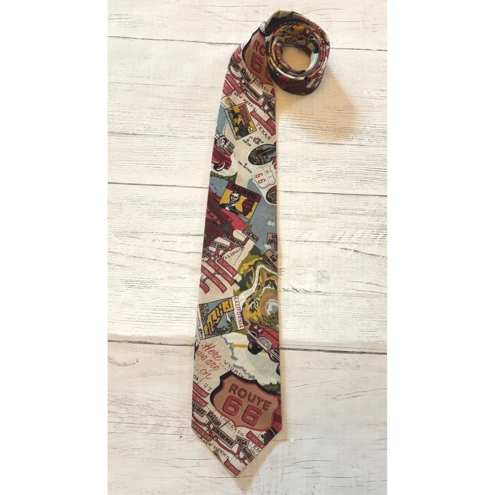 Beans McGee Route 66 Novelty Necktie Mens Vintage Road Trip Map Print Multicolor